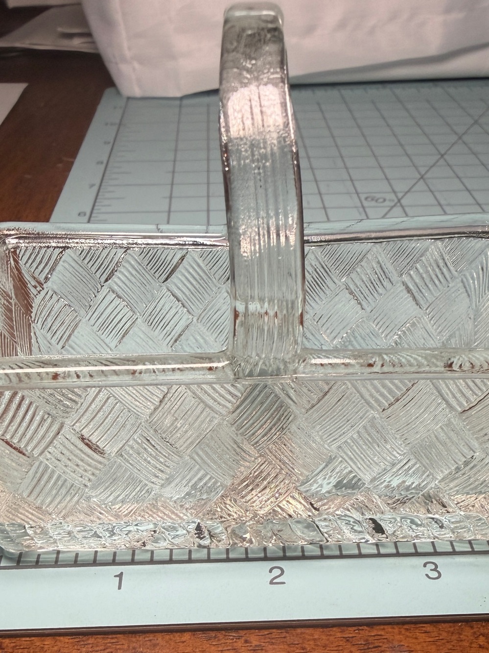 Vintage EAPG Clear Glass Divided Basket with Handle Basketweave design